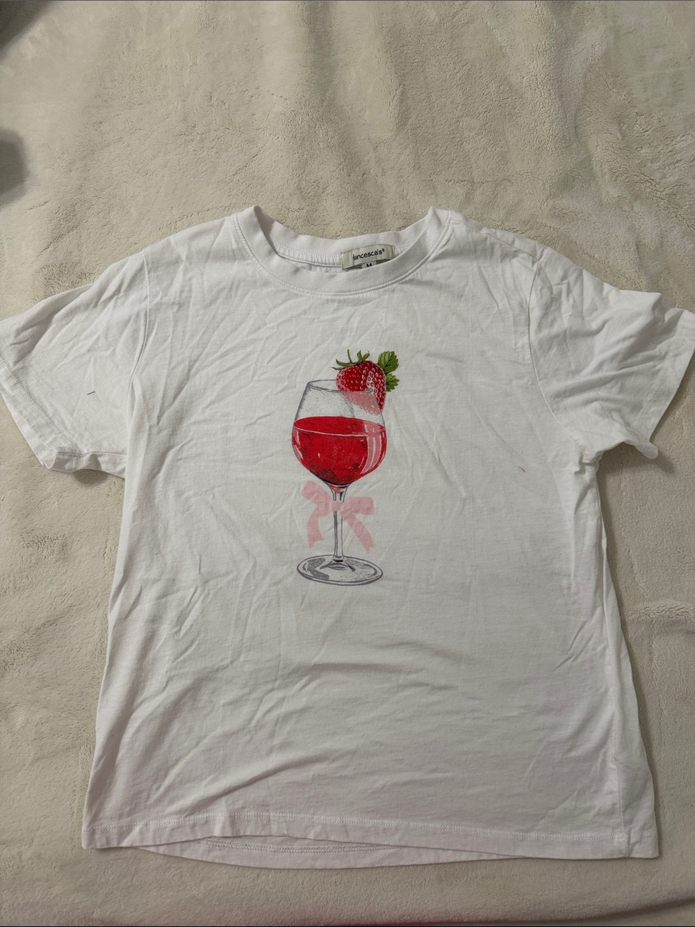 Francesca's Collections White Tee with Strawberry Wine Glass Graphic